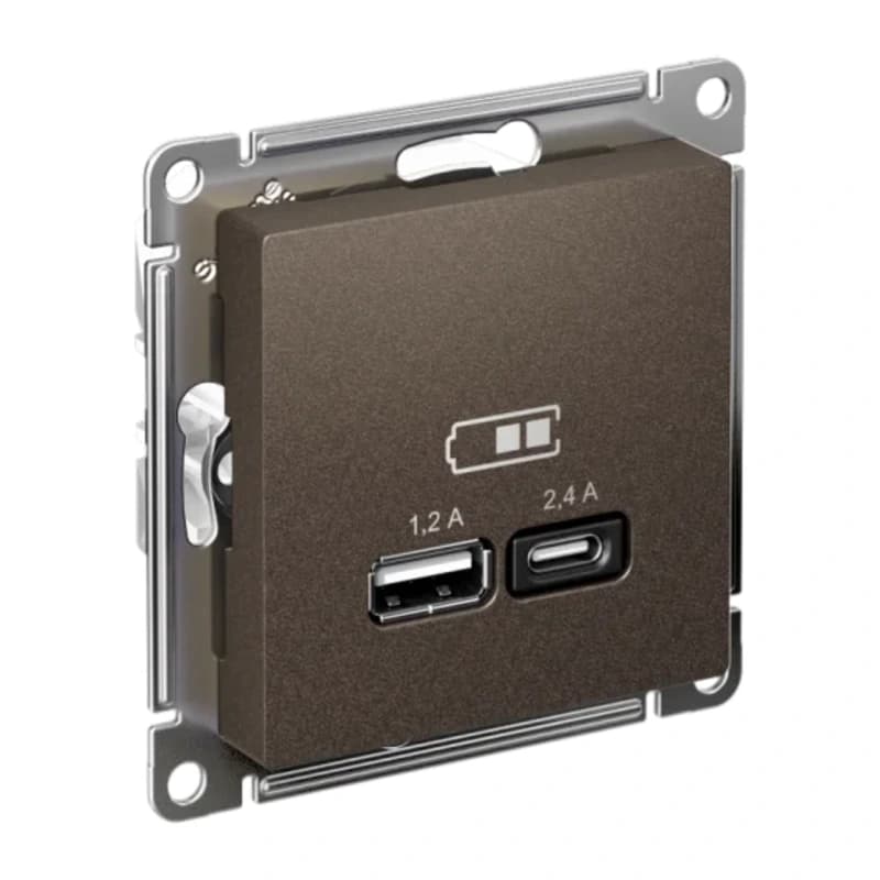 Розетка USB двойная для зарядки A+С, 5В/2,4А, 2х5В/1,2 А, Atlasdesign, мокко
