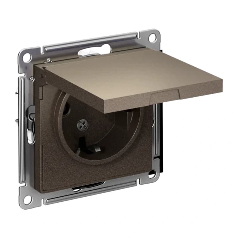 Розетка с заземлением со шторками и крышкой Atlasdesign 16А IP20, мокко