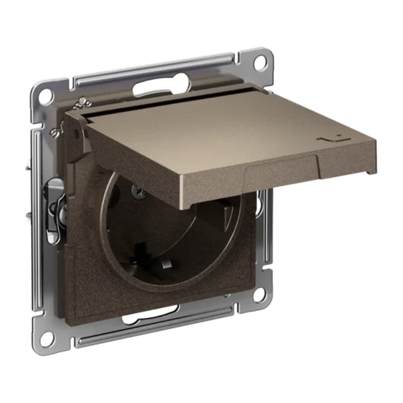 Розетка с заземлением со шторками и крышкой Atlasdesign 16А IP20, быстрозажим. клем., мокко