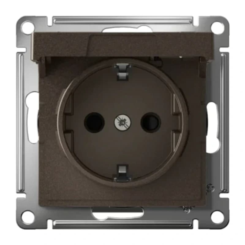 Розетка с заземлением со шторками и крышкой Atlasdesign 16А IP20, быстрозажим. клем., мокко