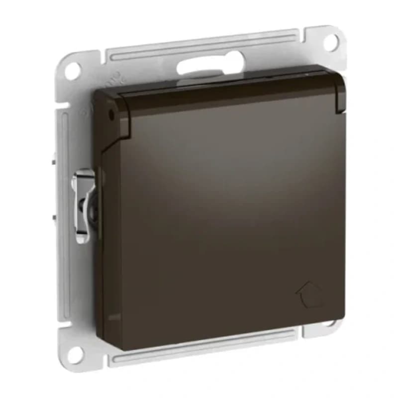 Розетка с заземлением со шторками и крышкой Atlasdesign 16А IP20, быстрозажим. клем., мокко