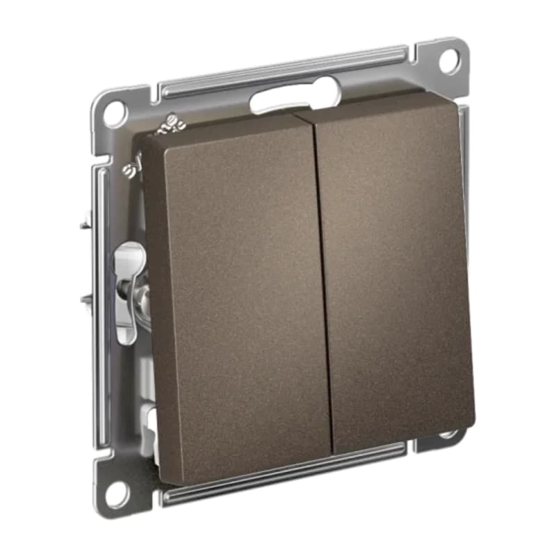 Выключатель двухклавишный проходной Schneider Atlasdesign 10А, быстрозажим. клем., мокко