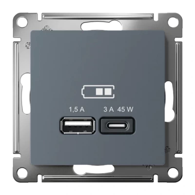 Розетка USB для зарядки двойная Atlasdesign A + тип-C 45W высокоскор.заряд. QC, PD, грифель