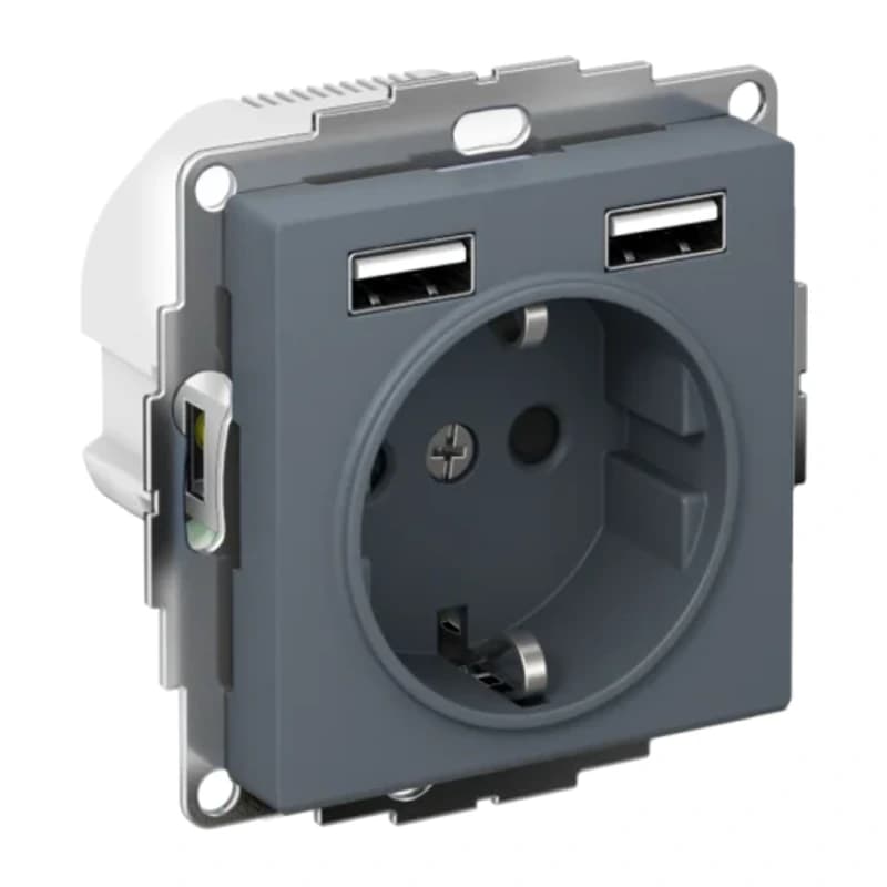 Розетка с заземлением Atlasdesign 16А+2USB A+A, 5В/2,4А грифель