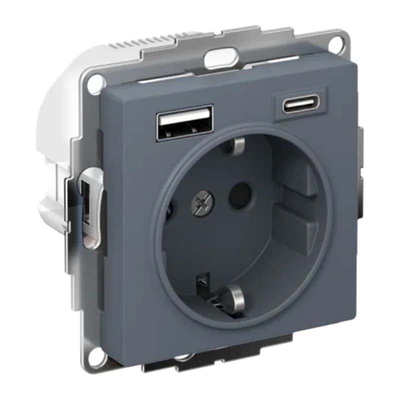 Розетка с заземлением Atlasdesign 16А+2USB A+С, (5В/2,4А/3 А, 2х5В/1,5А), грифель