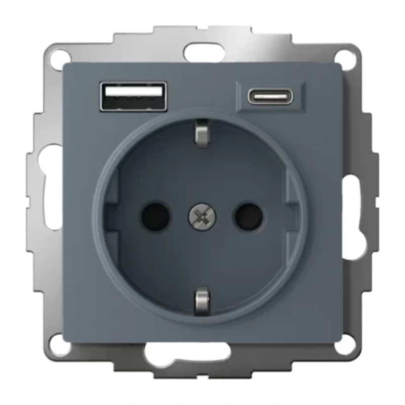 Розетка с заземлением Atlasdesign 16А+2USB A+С, (5В/2,4А/3 А, 2х5В/1,5А), грифель