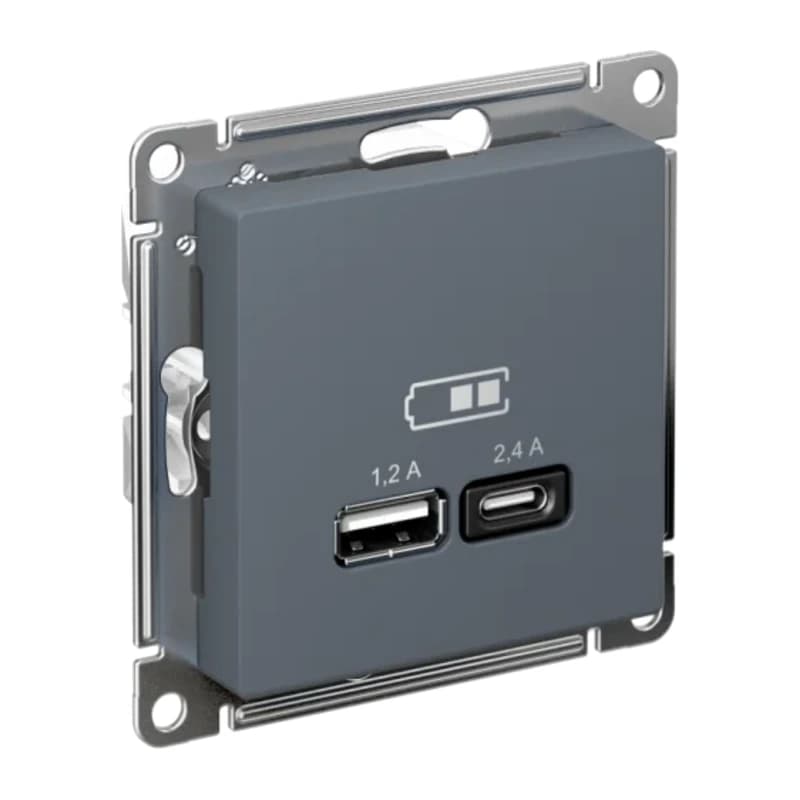 Розетка USB двойная для зарядки A+С, 5В/2,4А, 2х5В/1,2 А, Atlasdesign, грифель