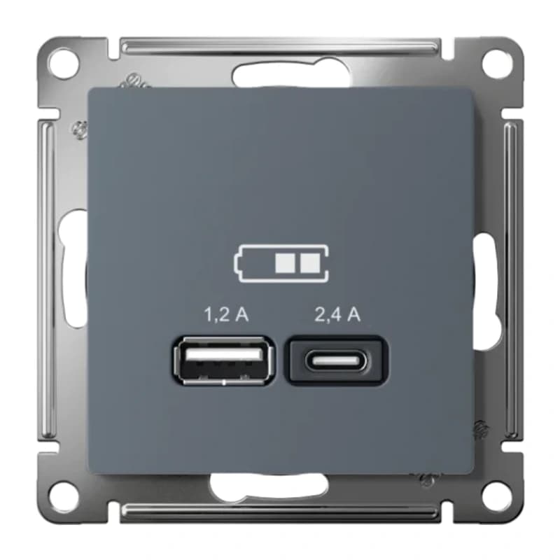 Розетка USB двойная для зарядки A+С, 5В/2,4А, 2х5В/1,2 А, Atlasdesign, грифель