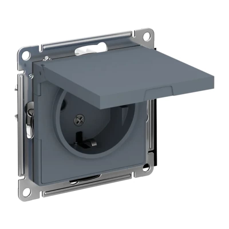 Розетка с заземлением со шторками и крышкой Atlasdesign 16А IP20, грифель