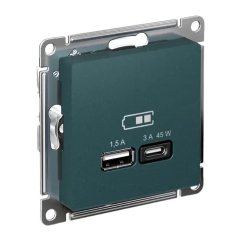 Розетка USB для зарядки двойная Atlasdesign A + тип-C 45W высокоскор.заряд. QC, PD, изумруд