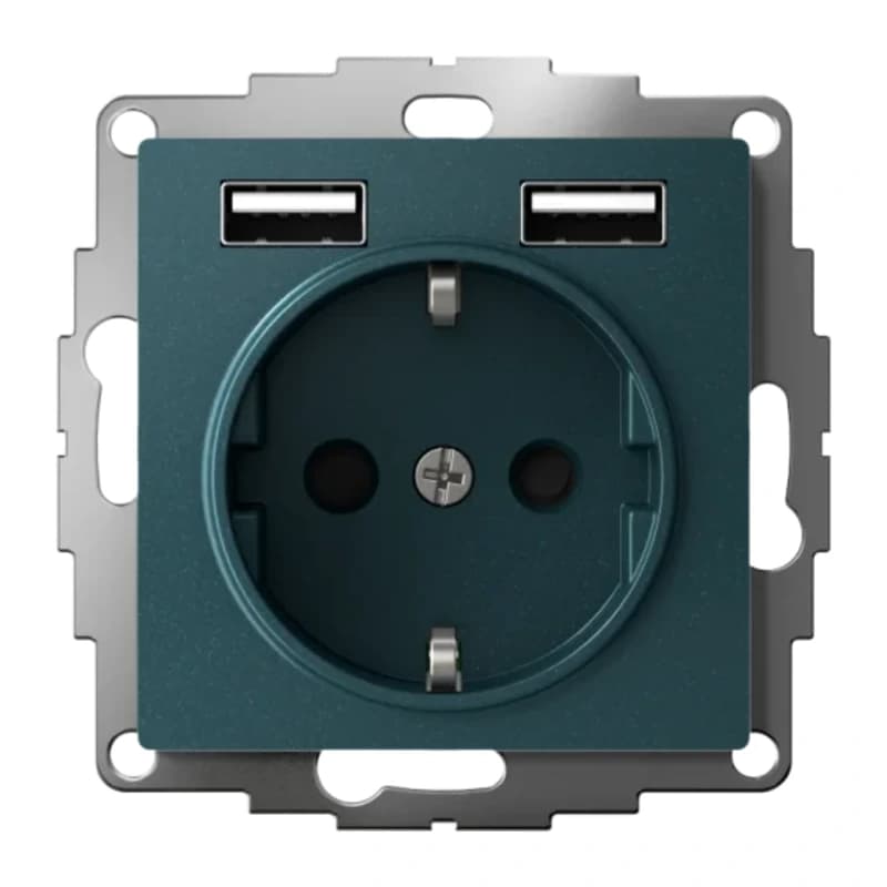 Розетка с заземлением Atlasdesign 16А+2USB A+A, 5В/2,4А изумруд