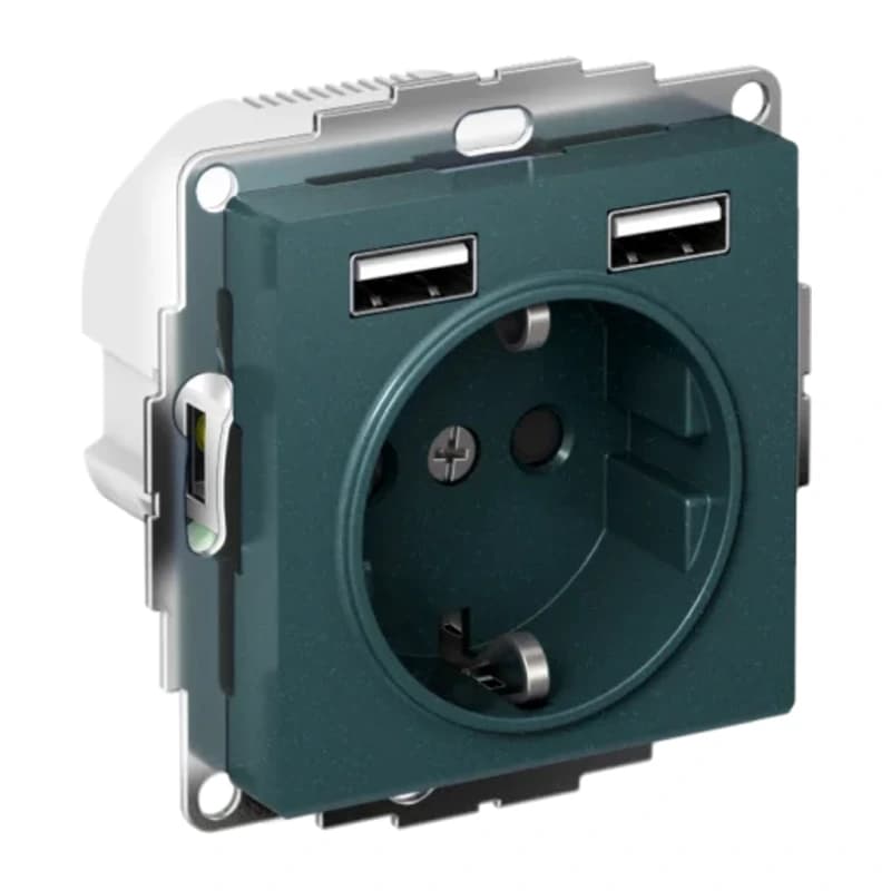 Розетка с заземлением Atlasdesign 16А+2USB A+A, 5В/2,4А изумруд
