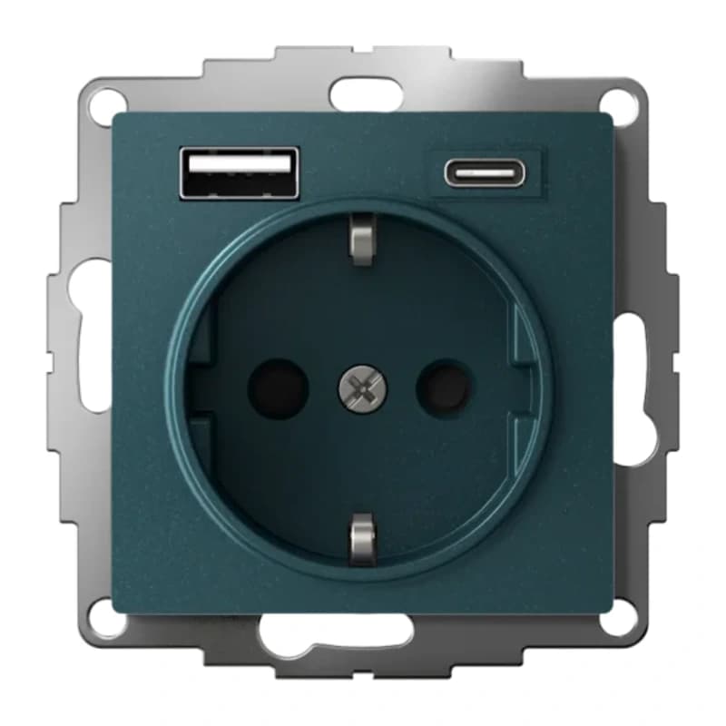 Розетка с заземлением Atlasdesign 16А+2USB A+С, (5В/2,4А/3 А, 2х5В/1,5А), изумруд