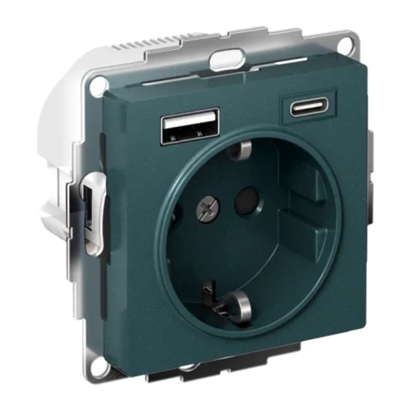 Розетка с заземлением Atlasdesign 16А+2USB A+С, (5В/2,4А/3 А, 2х5В/1,5А), изумруд