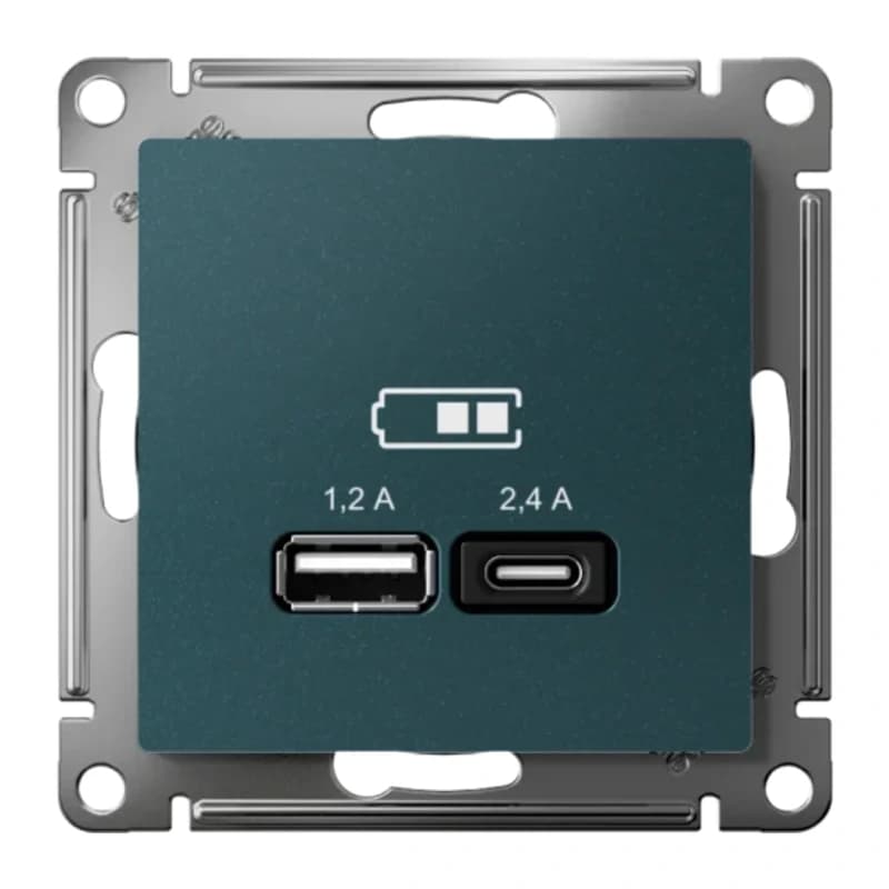Розетка USB двойная для зарядки A+С, 5В/2,4А, 2х5В/1,2 А, Atlasdesign, изумруд