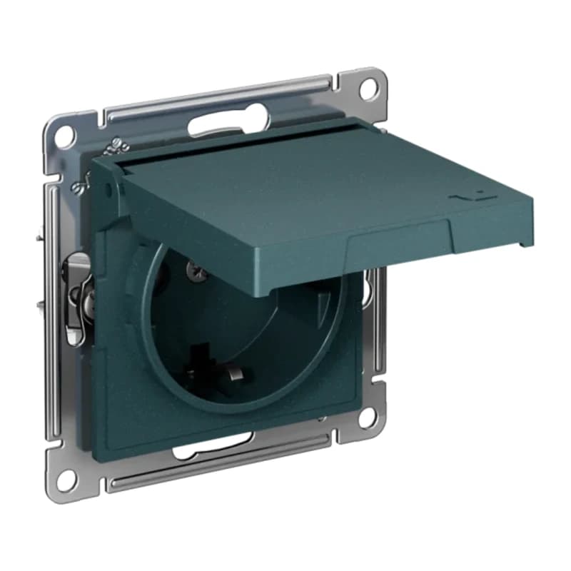 Розетка с заземлением со шторками и крышкой Atlasdesign 16А IP20, быстрозажим. клем., изумруд