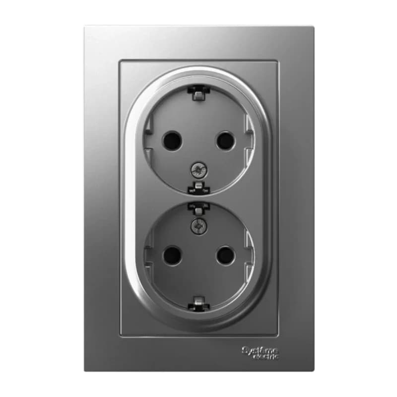 Розетка двойная с заземлением со шторками в сборе Atlasdesign 16А, сталь