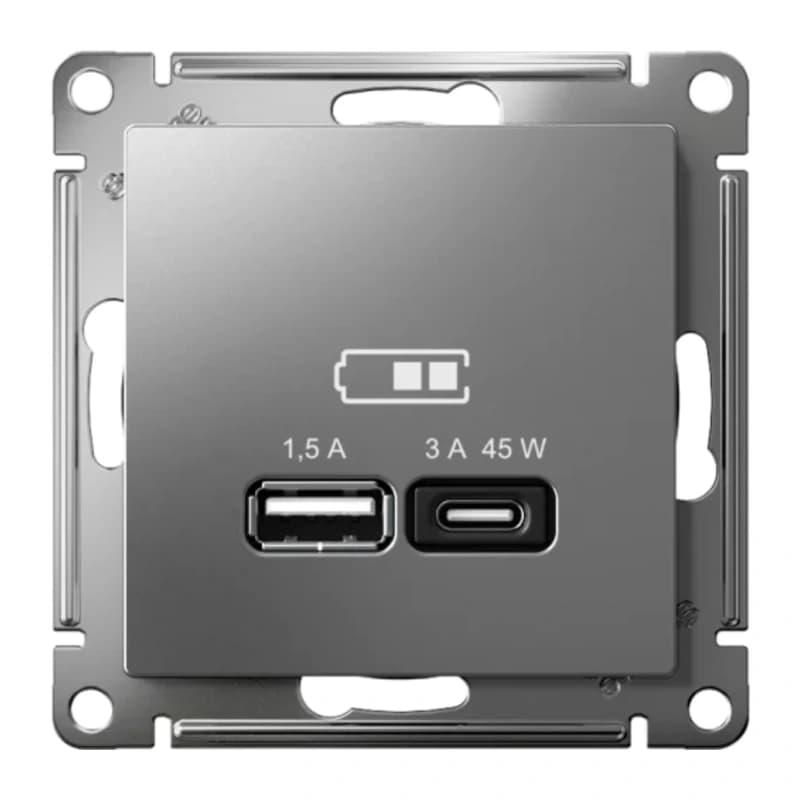 Розетка USB для зарядки двойная Atlasdesign A + тип-C 45W высокоскор.заряд. QC, PD, сталь