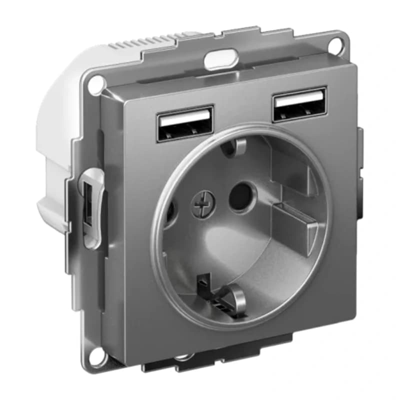 Розетка с заземлением Atlasdesign 16А+2USB A+A, 5В/2,4А сталь