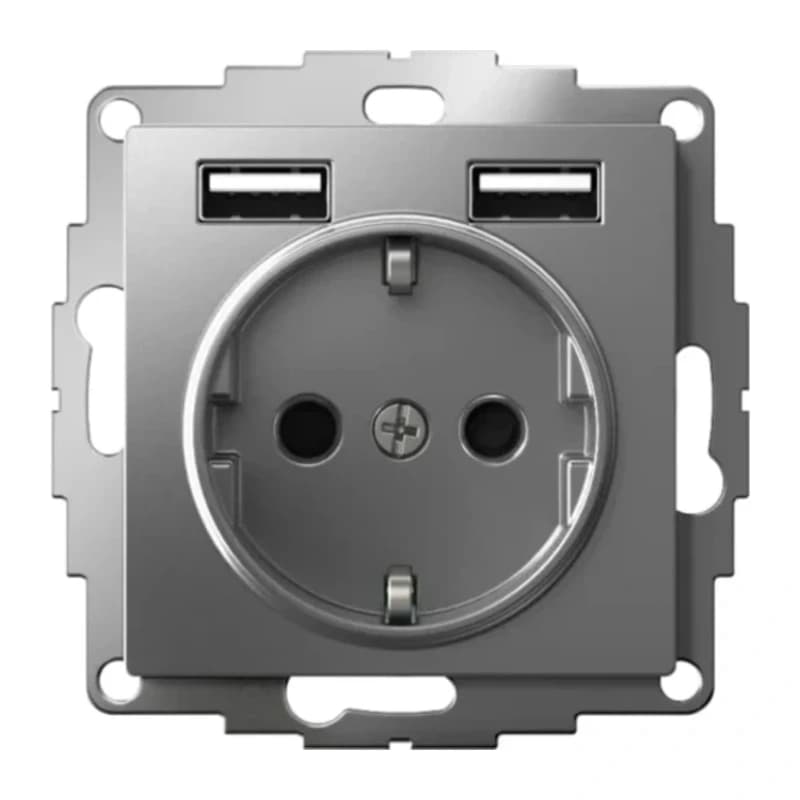 Розетка с заземлением Atlasdesign 16А+2USB A+A, 5В/2,4А сталь