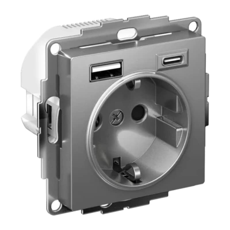 Розетка с заземлением Atlasdesign 16А+2USB A+С, (5В/2,4А/3 А, 2х5В/1,5А), сталь