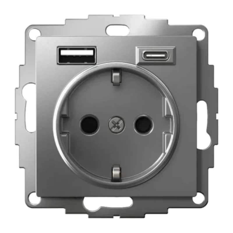 Розетка с заземлением Atlasdesign 16А+2USB A+С, (5В/2,4А/3 А, 2х5В/1,5А), сталь