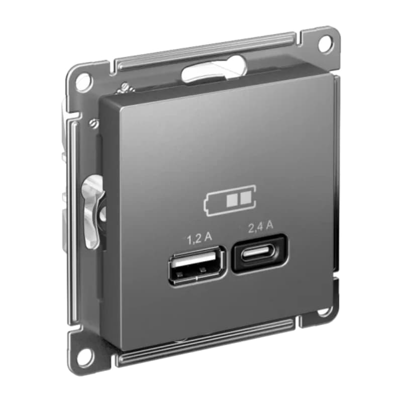 Розетка USB двойная для зарядки A+С, 5В/2,4А, 2х5В/1,2 А, Atlasdesign, сталь