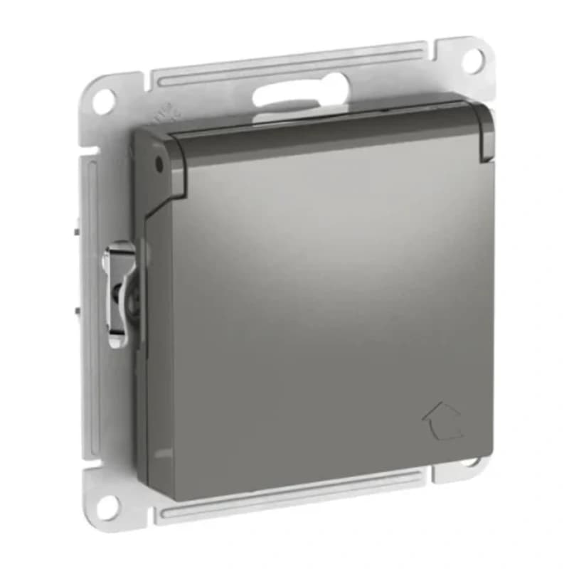 Розетка с заземлением со шторками и крышкой Atlasdesign 16А IP20, быстрозажим. клем., сталь