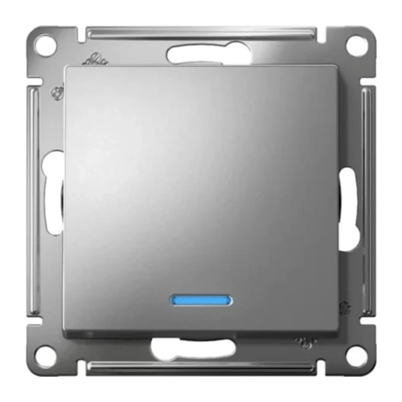 Выключатель одноклавишный проходной с подсветкой Schneider Atlasdesign 10А, быстрозажим. клем., сталь