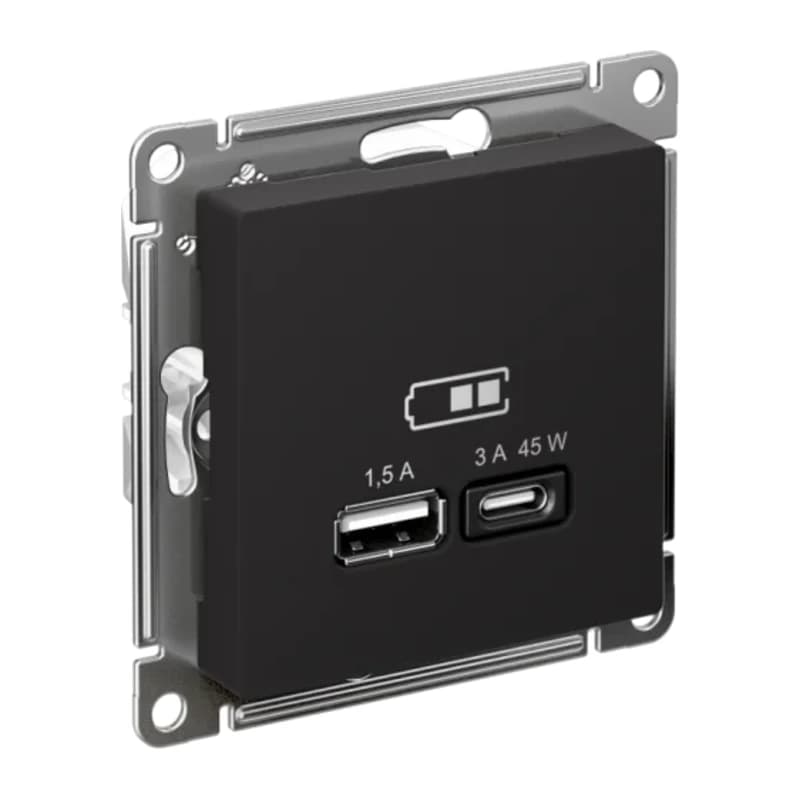 Розетка USB для зарядки двойная Atlasdesign A + тип-C 45W высокоскор.заряд. QC, PD, карбон