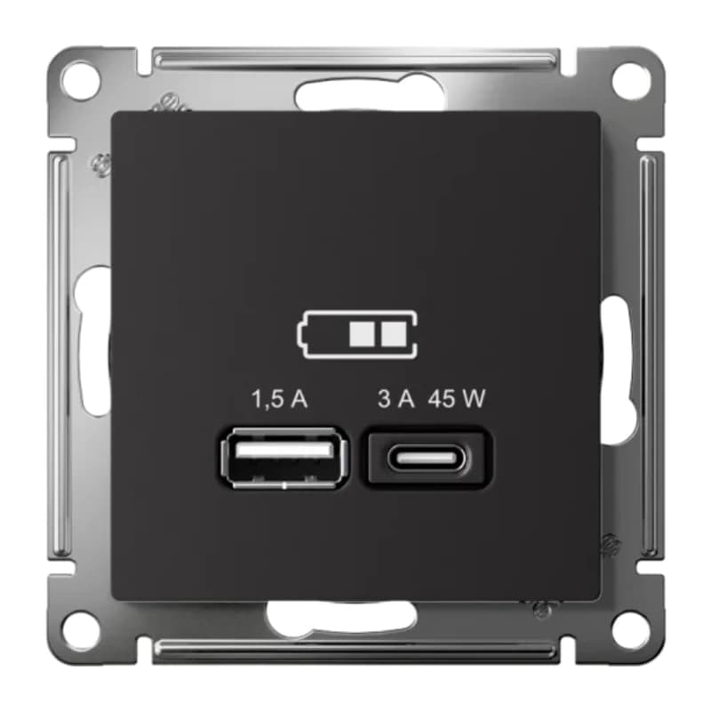Розетка USB для зарядки двойная Atlasdesign A + тип-C 45W высокоскор.заряд. QC, PD, карбон
