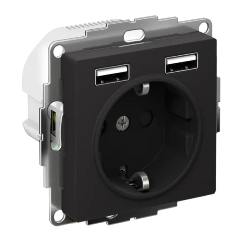 Розетка с заземлением Atlasdesign 16А+2USB A+A, 5В/2,4А карбон