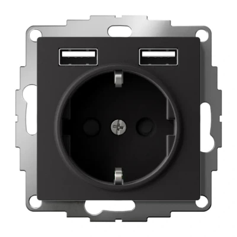 Розетка с заземлением Atlasdesign 16А+2USB A+A, 5В/2,4А карбон