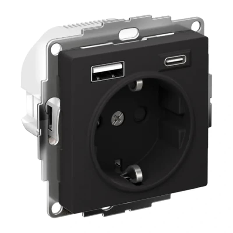 Розетка с заземлением Atlasdesign 16А+2USB A+С, (5В/2,4А/3 А, 2х5В/1,5А), карбон