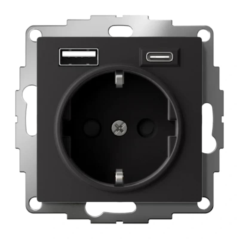 Розетка с заземлением Atlasdesign 16А+2USB A+С, (5В/2,4А/3 А, 2х5В/1,5А), карбон