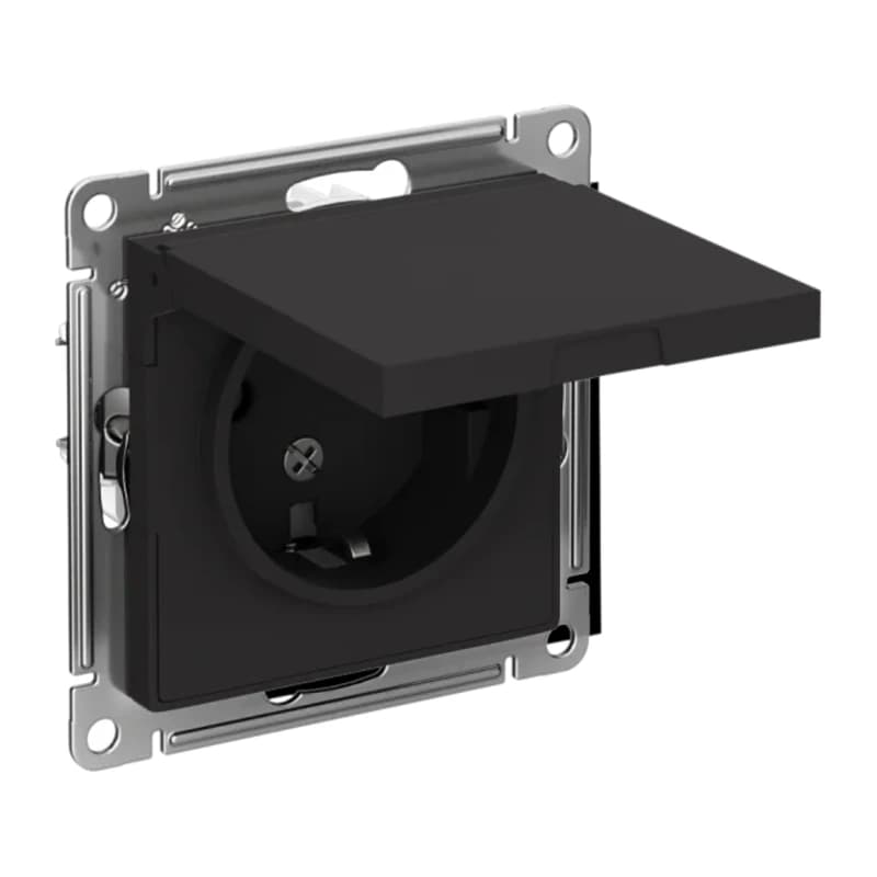Розетка с заземлением со шторками и крышкой Atlasdesign 16А IP20, карбон