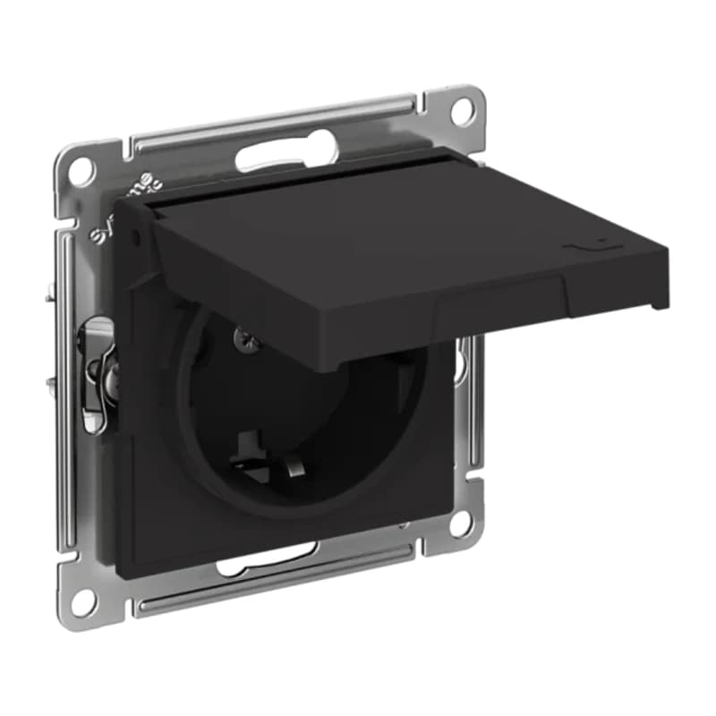 Розетка с заземлением со шторками и крышкой Atlasdesign 16А IP20, быстрозажим. клем., карбон