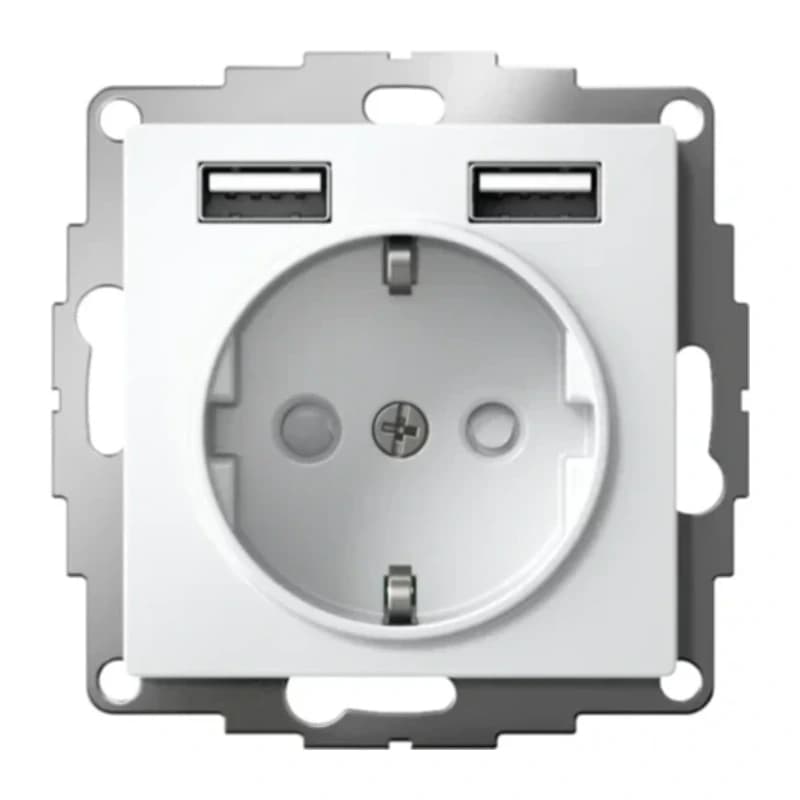 Розетка с заземлением Atlasdesign 16А+2USB A+A, 5В/2,4А белый, лотос