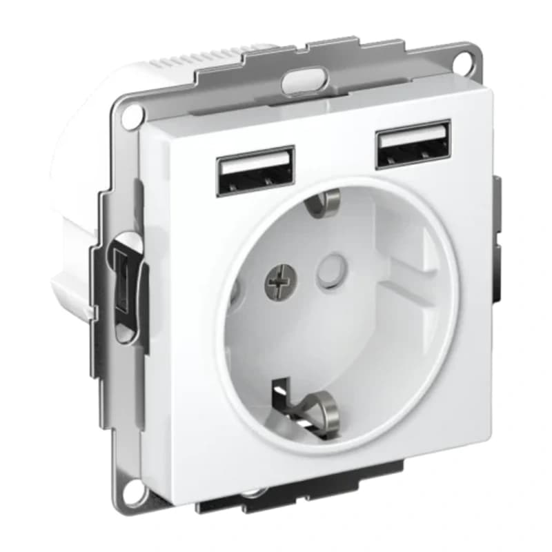 Розетка с заземлением Atlasdesign 16А+2USB A+A, 5В/2,4А белый, лотос