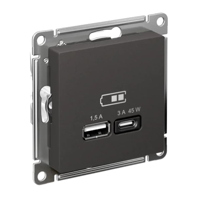 Розетка USB для зарядки двойная Atlasdesign A + тип-C 45W высокоскор.заряд. QC, PD, базальт
