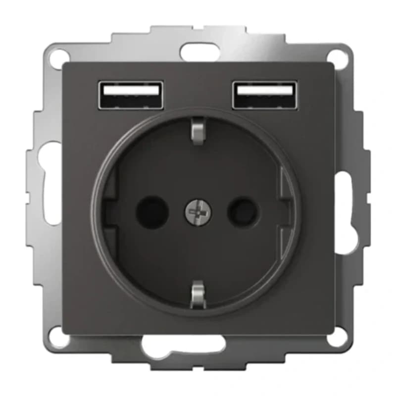 Розетка с заземлением Atlasdesign 16А+2USB A+A, 5В/2,4А белый, базальт