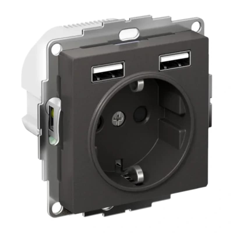 Розетка с заземлением Atlasdesign 16А+2USB A+A, 5В/2,4А белый, базальт