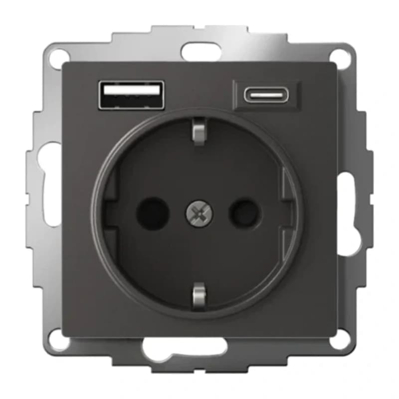 Розетка с заземлением Atlasdesign 16А+2USB A+С, (5В/2,4А/3 А, 2х5В/1,5А), базальт