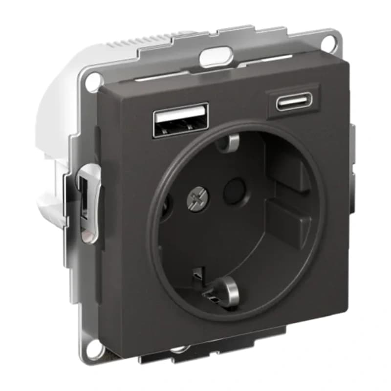 Розетка с заземлением Atlasdesign 16А+2USB A+С, (5В/2,4А/3 А, 2х5В/1,5А), базальт