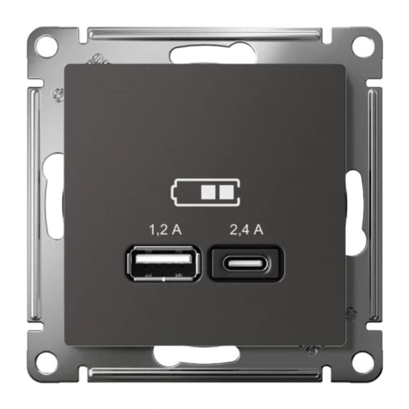 Розетка USB двойная для зарядки A+С, 5В/2,4А, 2х5В/1,2 А, Atlasdesign, базальт