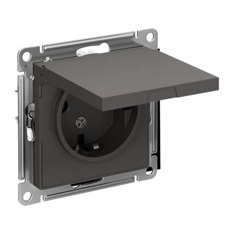 Розетка с заземлением со шторками и крышкой Atlasdesign 16А IP20, базальт
