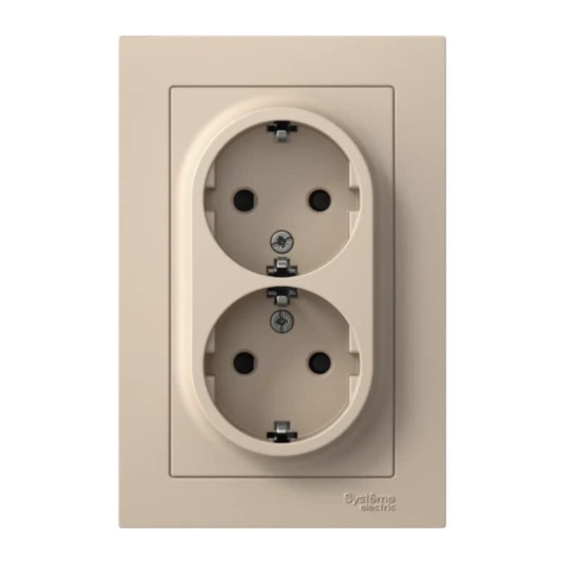 Розетка двойная с заземлением со шторками в сборе Atlasdesign 16А, песочный
