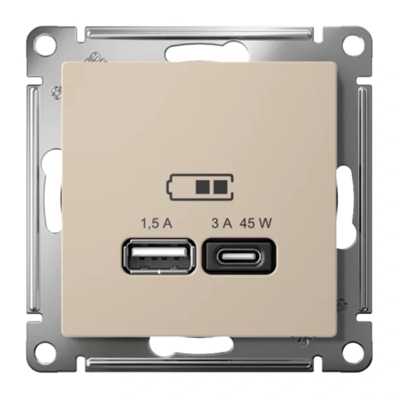 Розетка USB для зарядки двойная Atlasdesign A + тип-C 45W высокоскор.заряд. QC, PD, песочный