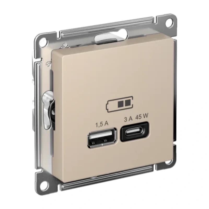 Розетка USB для зарядки двойная Atlasdesign A + тип-C 45W высокоскор.заряд. QC, PD, песочный