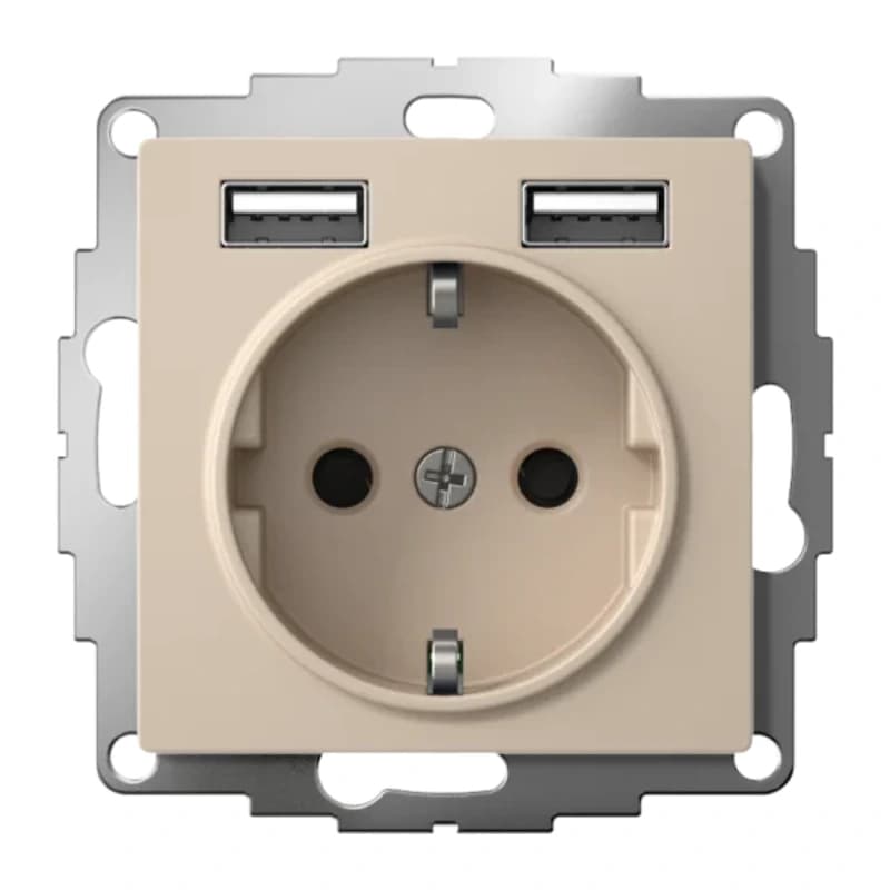 Розетка с заземлением Atlasdesign 16А+2USB A+A, 5В/2,4А белый, песочный